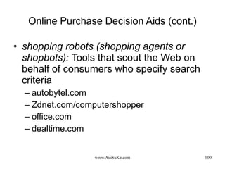 Online Purchase Decision Aids (cont.) shopping robots (shopping agents or shopbots):   Tools that scout the Web on behalf of consumers who specify search criteria autobytel.com Zdnet.com/computershopper office.com dealtime.com 