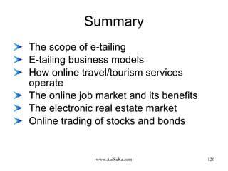 Summary The scope of e-tailing E-tailing business models How online travel/tourism services operate The online job market and its benefits The electronic real estate market Online trading of stocks and bonds 