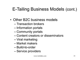 E-Tailing Business Models   (cont.) Other B2C business models Transaction brokers Information portals Community portals Content creators or disseminators Viral marketing Market makers Build-to-order Service providers 