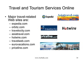 Travel and Tourism Services Online Major travel-related Web sites are: expedia.com orbitz.com travelocity.com asiatravel.com hotwire.com travelweb.com eurovacations.com priceline.com 