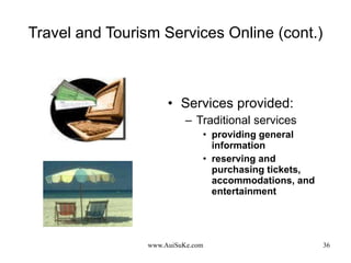 Travel and Tourism Services Online (cont.) Services provided: Traditional services providing general information reserving and purchasing tickets, accommodations, and entertainment 