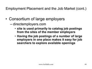 Employment Placement and the Job Market (cont.) Consortium of large employers directemployers.com site is used primarily to catalog job postings from the sites of the member employers Having the job postings of a number of large employers in one place makes it easy for job searchers to explore available openings 