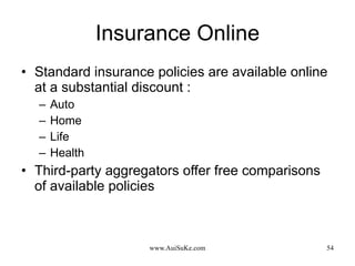 Insurance Online Standard insurance policies are available online at a substantial discount : Auto  Home Life Health Third-party aggregators offer free comparisons of available policies 