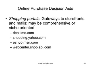 Online Purchase Decision Aids Shopping portals:   Gateways to storefronts and malls; may be comprehensive or niche oriented  dealtime.com shopping.yahoo.com eshop.msn.com webcenter.shop.aol.com 