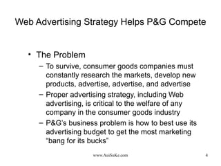 Web Advertising Strategy Helps P&G Compete The Problem To survive, consumer goods companies must constantly research the markets, develop new products, advertise, advertise, and advertise  Proper advertising strategy, including Web advertising, is critical to the welfare of any company in the consumer goods industry P&G’s business problem is how to best use its advertising budget to get the most marketing “bang for its bucks”  