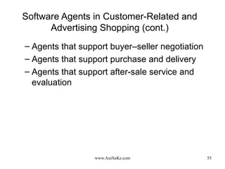 Software Agents in Customer-Related and Advertising Shopping (cont.) Agents that support buyer–seller negotiation Agents that support purchase and delivery Agents that support after-sale service and evaluation 