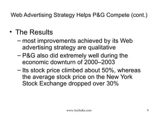 Web Advertising Strategy Helps P&G Compete (cont.) The Results most improvements achieved by its Web advertising strategy are qualitative P&G also did extremely well during the economic downturn of 2000–2003 Its stock price climbed about 50%, whereas the average stock price on the New York Stock Exchange dropped over 30% 
