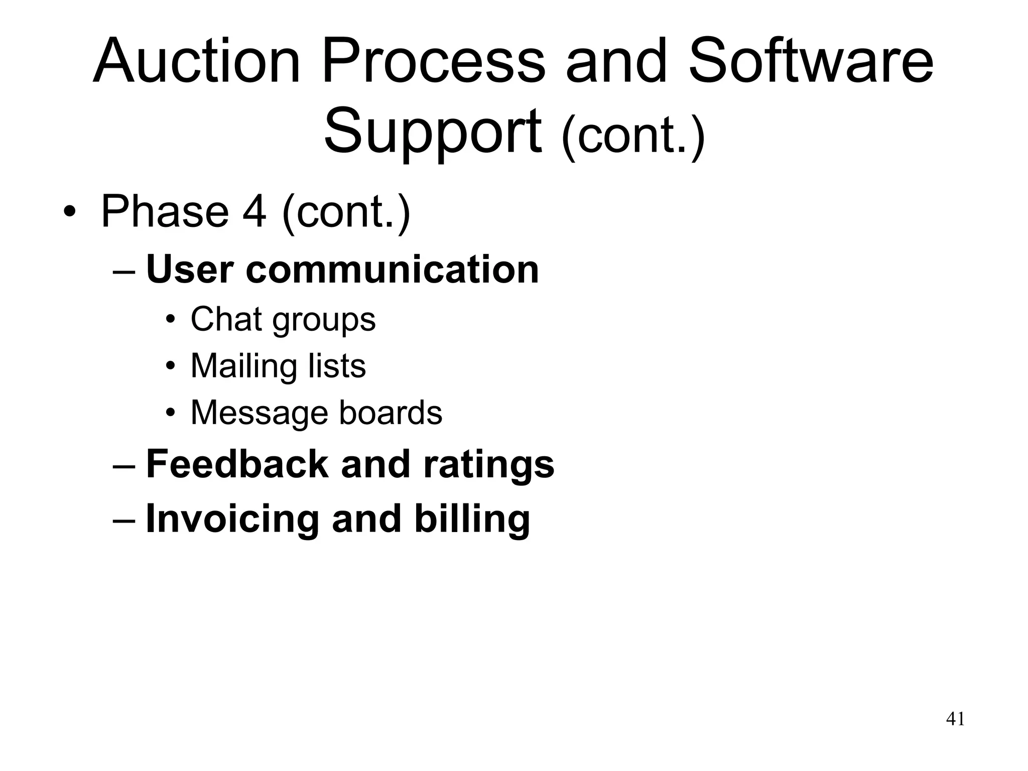 Auction Process and Software Support  (cont.) Phase 4 (cont.) User communication Chat groups Mailing lists Message boards Feedback and ratings Invoicing and billing 
