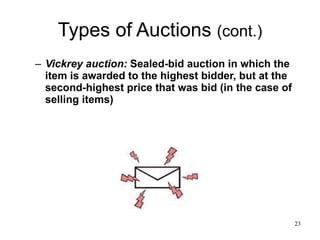 Types of Auctions  (cont.) Vickrey auction:  Sealed-bid auction in which the item is awarded to the highest bidder, but at the second-highest price that was bid (in the case of selling items) 