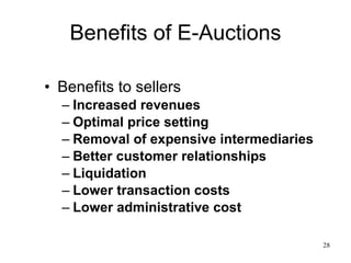 Benefits of E-Auctions Benefits to sellers Increased revenues Optimal price setting Removal of expensive intermediaries Better customer relationships Liquidation Lower transaction costs Lower administrative cost 
