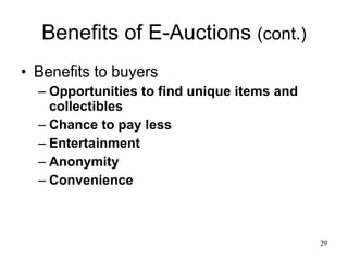 Benefits of E-Auctions  (cont.) Benefits to buyers Opportunities to find unique items and collectibles Chance to pay less Entertainment Anonymity Convenience 