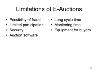 Limitations of E-Auctions Possibility of fraud Limited participation Security Auction software Long cycle time Monitoring time Equipment for buyers 