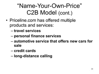 “Name-Your-Own-Price” C2B Model  (cont.) Priceline.com has offered multiple products and services: travel services personal finance services automotive service that offers new cars for sale credit cards long-distance calling 