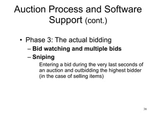 Auction Process and Software Support  (cont.) Phase 3: The actual bidding Bid watching and multiple bids Sniping Entering a bid during the very last seconds of an auction and outbidding the highest bidder (in the case of selling items) 
