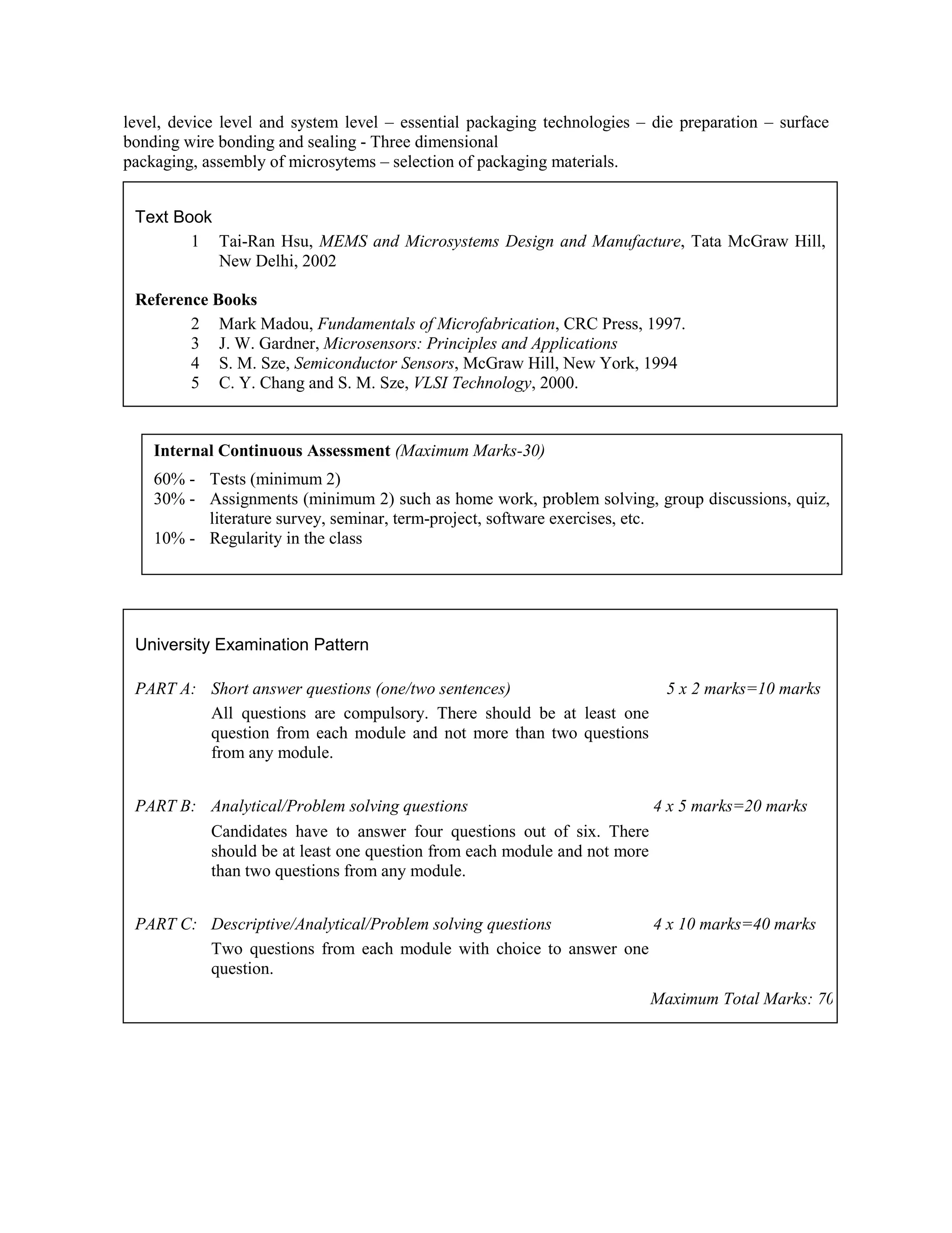 level, device level and system level – essential packaging technologies – die preparation – surface
bonding wire bonding and sealing - Three dimensional
packaging, assembly of microsytems – selection of packaging materials.
Syllabus of
AI09 L23 Microelectronic Electro-mechanical Systems
University Examination Pattern
PART A: Short answer questions (one/two sentences) 5 x 2 marks=10 marks
All questions are compulsory. There should be at least one
question from each module and not more than two questions
from any module.
PART B: Analytical/Problem solving questions 4 x 5 marks=20 marks
Candidates have to answer four questions out of six. There
should be at least one question from each module and not more
than two questions from any module.
PART C: Descriptive/Analytical/Problem solving questions 4 x 10 marks=40 marks
Two questions from each module with choice to answer one
question.
Maximum Total Marks: 70
Text Book
1 Tai-Ran Hsu, MEMS and Microsystems Design and Manufacture, Tata McGraw Hill,
New Delhi, 2002
Reference Books
2 Mark Madou, Fundamentals of Microfabrication, CRC Press, 1997.
3 J. W. Gardner, Microsensors: Principles and Applications
4 S. M. Sze, Semiconductor Sensors, McGraw Hill, New York, 1994
5 C. Y. Chang and S. M. Sze, VLSI Technology, 2000.
Internal Continuous Assessment (Maximum Marks-30)
60% - Tests (minimum 2)
30% - Assignments (minimum 2) such as home work, problem solving, group discussions, quiz,
literature survey, seminar, term-project, software exercises, etc.
10% - Regularity in the class
 