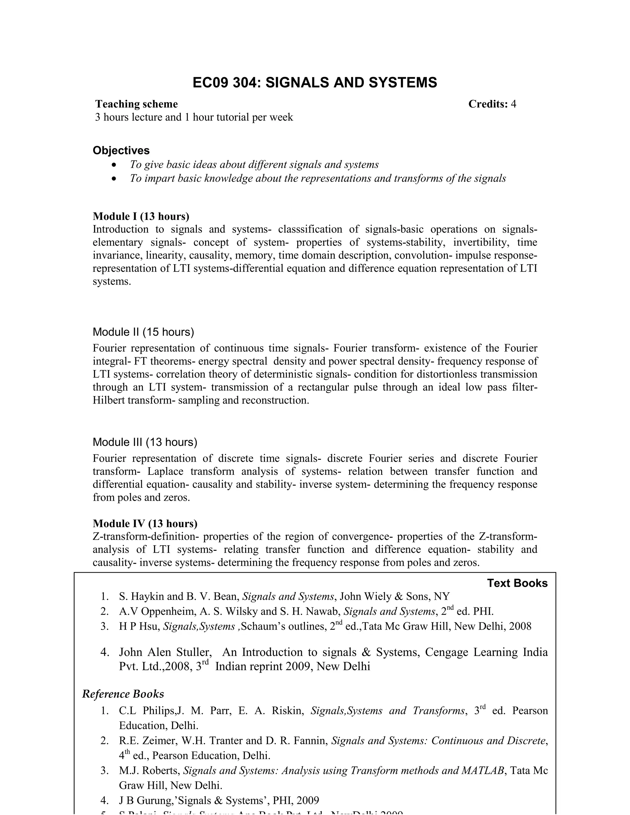 EC09 304: SIGNALS AND SYSTEMS
Objectives
• To give basic ideas about different signals and systems
• To impart basic knowledge about the representations and transforms of the signals
Module I (13 hours)
Introduction to signals and systems- classsification of signals-basic operations on signals-
elementary signals- concept of system- properties of systems-stability, invertibility, time
invariance, linearity, causality, memory, time domain description, convolution- impulse response-
representation of LTI systems-differential equation and difference equation representation of LTI
systems.
Module II (15 hours)
Fourier representation of continuous time signals- Fourier transform- existence of the Fourier
integral- FT theorems- energy spectral density and power spectral density- frequency response of
LTI systems- correlation theory of deterministic signals- condition for distortionless transmission
through an LTI system- transmission of a rectangular pulse through an ideal low pass filter-
Hilbert transform- sampling and reconstruction.
Module III (13 hours)
Fourier representation of discrete time signals- discrete Fourier series and discrete Fourier
transform- Laplace transform analysis of systems- relation between transfer function and
differential equation- causality and stability- inverse system- determining the frequency response
from poles and zeros.
Module IV (13 hours)
Z-transform-definition- properties of the region of convergence- properties of the Z-transform-
analysis of LTI systems- relating transfer function and difference equation- stability and
causality- inverse systems- determining the frequency response from poles and zeros.
Teaching scheme Credits: 4
3 hours lecture and 1 hour tutorial per week
Text Books
1. S. Haykin and B. V. Bean, Signals and Systems, John Wiely & Sons, NY
2. A.V Oppenheim, A. S. Wilsky and S. H. Nawab, Signals and Systems, 2nd
ed. PHI.
3. H P Hsu, Signals,Systems ,Schaum’s outlines, 2nd
ed.,Tata Mc Graw Hill, New Delhi, 2008
4. John Alen Stuller, An Introduction to signals & Systems, Cengage Learning India
Pvt. Ltd.,2008, 3rd
Indian reprint 2009, New Delhi
Reference Books
1. C.L Philips,J. M. Parr, E. A. Riskin, Signals,Systems and Transforms, 3rd
ed. Pearson
Education, Delhi.
2. R.E. Zeimer, W.H. Tranter and D. R. Fannin, Signals and Systems: Continuous and Discrete,
4th
ed., Pearson Education, Delhi.
3. M.J. Roberts, Signals and Systems: Analysis using Transform methods and MATLAB, Tata Mc
Graw Hill, New Delhi.
4. J B Gurung,’Signals & Systems’, PHI, 2009
 