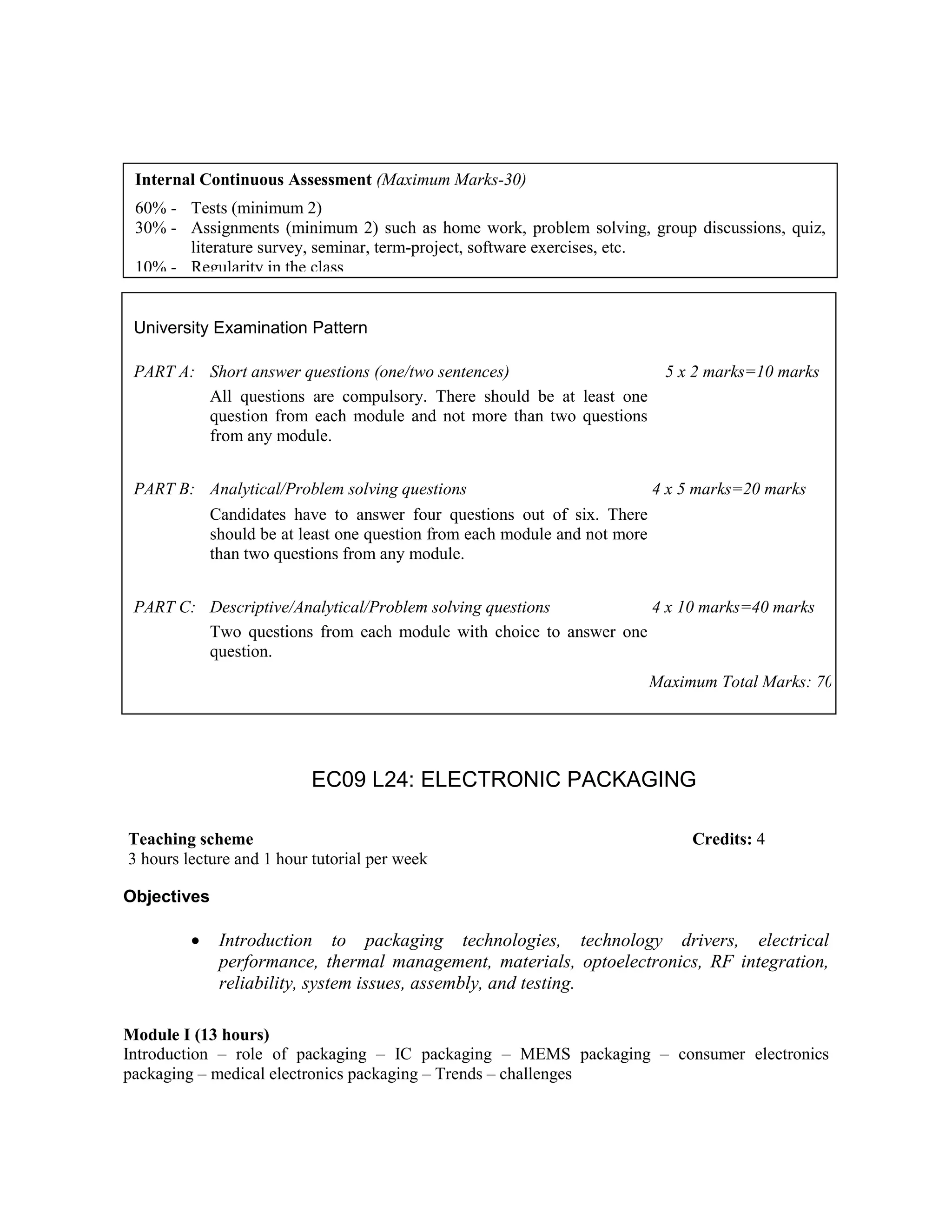 EC09 L24: ELECTRONIC PACKAGING
Objectives
• Introduction to packaging technologies, technology drivers, electrical
performance, thermal management, materials, optoelectronics, RF integration,
reliability, system issues, assembly, and testing.
Module I (13 hours)
Introduction – role of packaging – IC packaging – MEMS packaging – consumer electronics
packaging – medical electronics packaging – Trends – challenges
Internal Continuous Assessment (Maximum Marks-30)
60% - Tests (minimum 2)
30% - Assignments (minimum 2) such as home work, problem solving, group discussions, quiz,
literature survey, seminar, term-project, software exercises, etc.
10% - Regularity in the class
University Examination Pattern
PART A: Short answer questions (one/two sentences) 5 x 2 marks=10 marks
All questions are compulsory. There should be at least one
question from each module and not more than two questions
from any module.
PART B: Analytical/Problem solving questions 4 x 5 marks=20 marks
Candidates have to answer four questions out of six. There
should be at least one question from each module and not more
than two questions from any module.
PART C: Descriptive/Analytical/Problem solving questions 4 x 10 marks=40 marks
Two questions from each module with choice to answer one
question.
Maximum Total Marks: 70
Teaching scheme Credits: 4
3 hours lecture and 1 hour tutorial per week
 