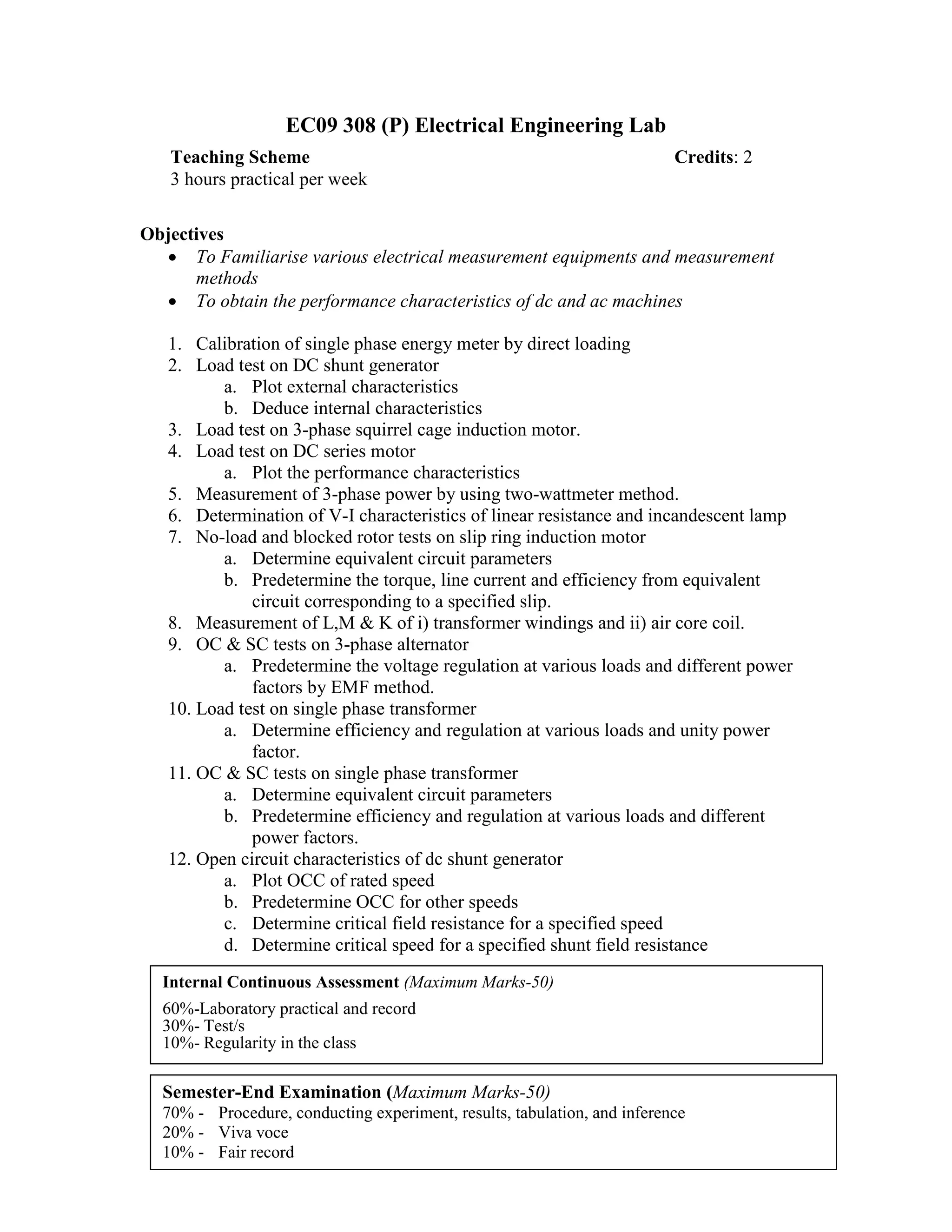 EC09 308 (P) Electrical Engineering Lab
Objectives
• To Familiarise various electrical measurement equipments and measurement
methods
• To obtain the performance characteristics of dc and ac machines
1. Calibration of single phase energy meter by direct loading
2. Load test on DC shunt generator
a. Plot external characteristics
b. Deduce internal characteristics
3. Load test on 3-phase squirrel cage induction motor.
4. Load test on DC series motor
a. Plot the performance characteristics
5. Measurement of 3-phase power by using two-wattmeter method.
6. Determination of V-I characteristics of linear resistance and incandescent lamp
7. No-load and blocked rotor tests on slip ring induction motor
a. Determine equivalent circuit parameters
b. Predetermine the torque, line current and efficiency from equivalent
circuit corresponding to a specified slip.
8. Measurement of L,M & K of i) transformer windings and ii) air core coil.
9. OC & SC tests on 3-phase alternator
a. Predetermine the voltage regulation at various loads and different power
factors by EMF method.
10. Load test on single phase transformer
a. Determine efficiency and regulation at various loads and unity power
factor.
11. OC & SC tests on single phase transformer
a. Determine equivalent circuit parameters
b. Predetermine efficiency and regulation at various loads and different
power factors.
12. Open circuit characteristics of dc shunt generator
a. Plot OCC of rated speed
b. Predetermine OCC for other speeds
c. Determine critical field resistance for a specified speed
d. Determine critical speed for a specified shunt field resistance
Teaching Scheme Credits: 2
3 hours practical per week
Internal Continuous Assessment (Maximum Marks-50)
60%-Laboratory practical and record
30%- Test/s
10%- Regularity in the class
Semester-End Examination (Maximum Marks-50)
70% - Procedure, conducting experiment, results, tabulation, and inference
20% - Viva voce
10% - Fair record
 