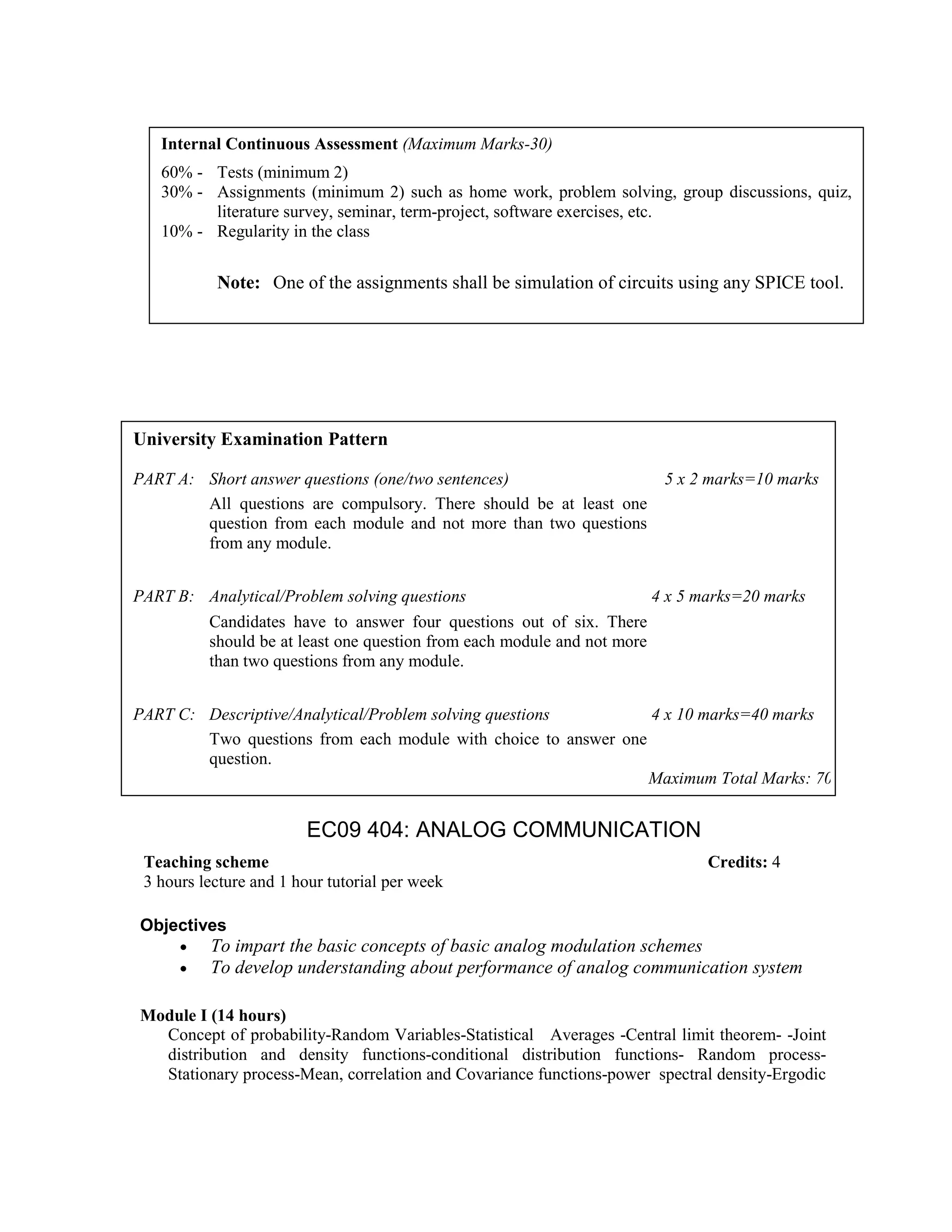 EC09 404: ANALOG COMMUNICATION
Objectives
• To impart the basic concepts of basic analog modulation schemes
• To develop understanding about performance of analog communication system
Module I (14 hours)
Concept of probability-Random Variables-Statistical Averages -Central limit theorem- -Joint
distribution and density functions-conditional distribution functions- Random process-
Stationary process-Mean, correlation and Covariance functions-power spectral density-Ergodic
Internal Continuous Assessment (Maximum Marks-30)
60% - Tests (minimum 2)
30% - Assignments (minimum 2) such as home work, problem solving, group discussions, quiz,
literature survey, seminar, term-project, software exercises, etc.
10% - Regularity in the class
Note: One of the assignments shall be simulation of circuits using any SPICE tool.
University Examination Pattern
PART A: Short answer questions (one/two sentences) 5 x 2 marks=10 marks
All questions are compulsory. There should be at least one
question from each module and not more than two questions
from any module.
PART B: Analytical/Problem solving questions 4 x 5 marks=20 marks
Candidates have to answer four questions out of six. There
should be at least one question from each module and not more
than two questions from any module.
PART C: Descriptive/Analytical/Problem solving questions 4 x 10 marks=40 marks
Two questions from each module with choice to answer one
question.
Maximum Total Marks: 70
Teaching scheme Credits: 4
3 hours lecture and 1 hour tutorial per week
 