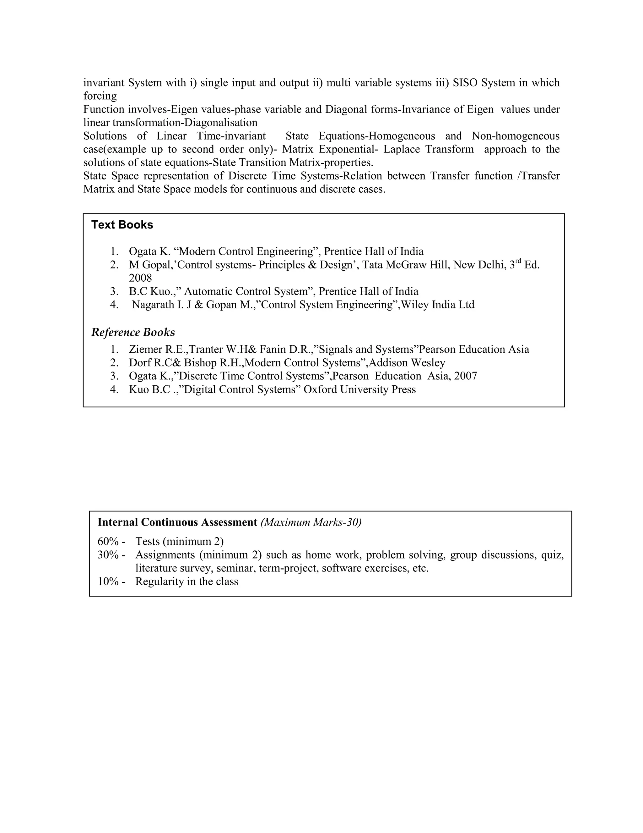 invariant System with i) single input and output ii) multi variable systems iii) SISO System in which
forcing
Function involves-Eigen values-phase variable and Diagonal forms-Invariance of Eigen values under
linear transformation-Diagonalisation
Solutions of Linear Time-invariant State Equations-Homogeneous and Non-homogeneous
case(example up to second order only)- Matrix Exponential- Laplace Transform approach to the
solutions of state equations-State Transition Matrix-properties.
State Space representation of Discrete Time Systems-Relation between Transfer function /Transfer
Matrix and State Space models for continuous and discrete cases.
Text Books
1. Ogata K. “Modern Control Engineering”, Prentice Hall of India
2. M Gopal,’Control systems- Principles & Design’, Tata McGraw Hill, New Delhi, 3rd
Ed.
2008
3. B.C Kuo.,” Automatic Control System”, Prentice Hall of India
4. Nagarath I. J & Gopan M.,”Control System Engineering”,Wiley India Ltd
Reference Books
1. Ziemer R.E.,Tranter W.H& Fanin D.R.,”Signals and Systems”Pearson Education Asia
2. Dorf R.C& Bishop R.H.,Modern Control Systems”,Addison Wesley
3. Ogata K.,”Discrete Time Control Systems”,Pearson Education Asia, 2007
4. Kuo B.C .,”Digital Control Systems” Oxford University Press
Internal Continuous Assessment (Maximum Marks-30)
60% - Tests (minimum 2)
30% - Assignments (minimum 2) such as home work, problem solving, group discussions, quiz,
literature survey, seminar, term-project, software exercises, etc.
10% - Regularity in the class
 