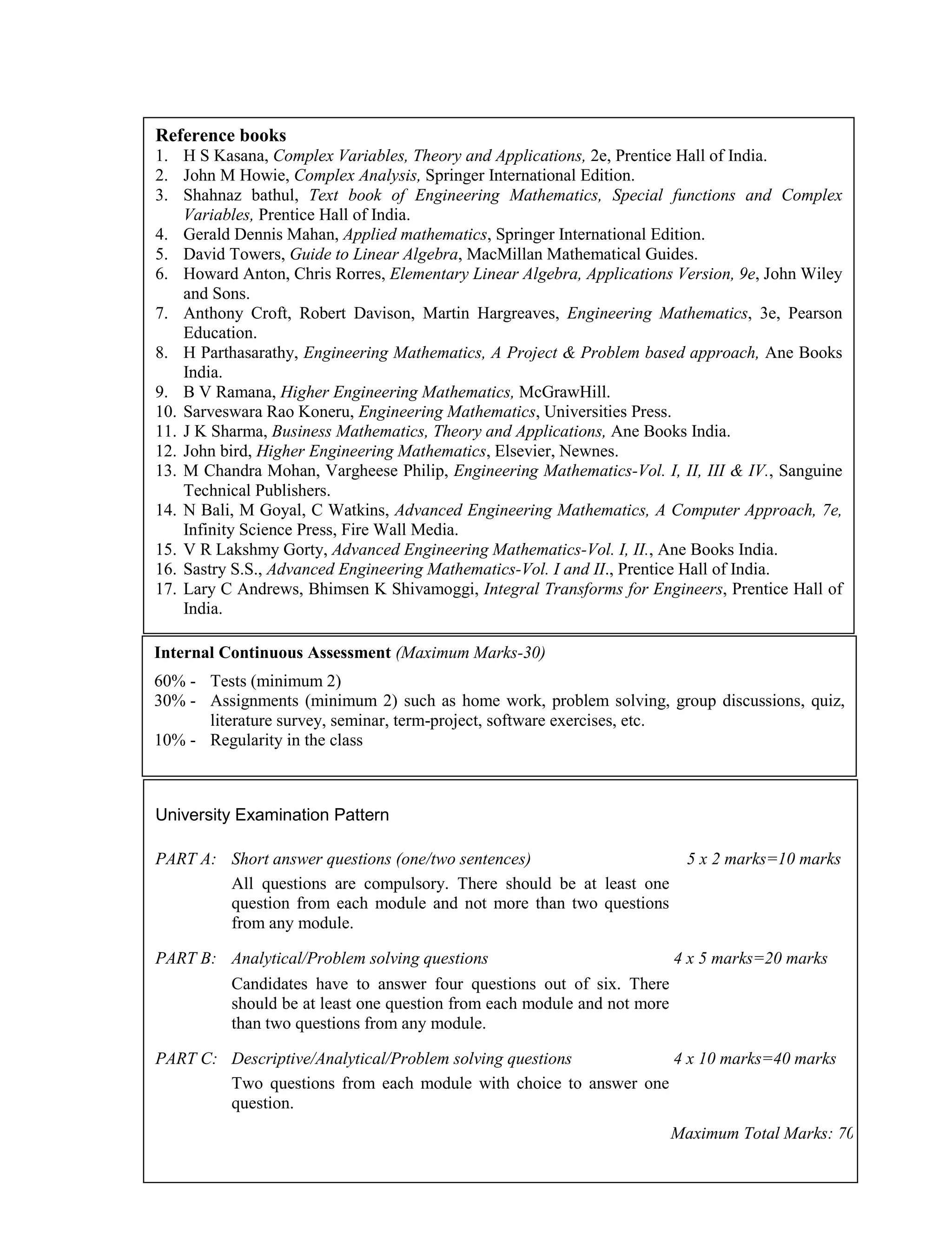 Reference books
1. H S Kasana, Complex Variables, Theory and Applications, 2e, Prentice Hall of India.
2. John M Howie, Complex Analysis, Springer International Edition.
3. Shahnaz bathul, Text book of Engineering Mathematics, Special functions and Complex
Variables, Prentice Hall of India.
4. Gerald Dennis Mahan, Applied mathematics, Springer International Edition.
5. David Towers, Guide to Linear Algebra, MacMillan Mathematical Guides.
6. Howard Anton, Chris Rorres, Elementary Linear Algebra, Applications Version, 9e, John Wiley
and Sons.
7. Anthony Croft, Robert Davison, Martin Hargreaves, Engineering Mathematics, 3e, Pearson
Education.
8. H Parthasarathy, Engineering Mathematics, A Project & Problem based approach, Ane Books
India.
9. B V Ramana, Higher Engineering Mathematics, McGrawHill.
10. Sarveswara Rao Koneru, Engineering Mathematics, Universities Press.
11. J K Sharma, Business Mathematics, Theory and Applications, Ane Books India.
12. John bird, Higher Engineering Mathematics, Elsevier, Newnes.
13. M Chandra Mohan, Vargheese Philip, Engineering Mathematics-Vol. I, II, III & IV., Sanguine
Technical Publishers.
14. N Bali, M Goyal, C Watkins, Advanced Engineering Mathematics, A Computer Approach, 7e,
Infinity Science Press, Fire Wall Media.
15. V R Lakshmy Gorty, Advanced Engineering Mathematics-Vol. I, II., Ane Books India.
16. Sastry S.S., Advanced Engineering Mathematics-Vol. I and II., Prentice Hall of India.
17. Lary C Andrews, Bhimsen K Shivamoggi, Integral Transforms for Engineers, Prentice Hall of
India.
University Examination Pattern
PART A: Short answer questions (one/two sentences) 5 x 2 marks=10 marks
All questions are compulsory. There should be at least one
question from each module and not more than two questions
from any module.
PART B: Analytical/Problem solving questions 4 x 5 marks=20 marks
Candidates have to answer four questions out of six. There
should be at least one question from each module and not more
than two questions from any module.
PART C: Descriptive/Analytical/Problem solving questions 4 x 10 marks=40 marks
Two questions from each module with choice to answer one
question.
Maximum Total Marks: 70
Internal Continuous Assessment (Maximum Marks-30)
60% - Tests (minimum 2)
30% - Assignments (minimum 2) such as home work, problem solving, group discussions, quiz,
literature survey, seminar, term-project, software exercises, etc.
10% - Regularity in the class
 