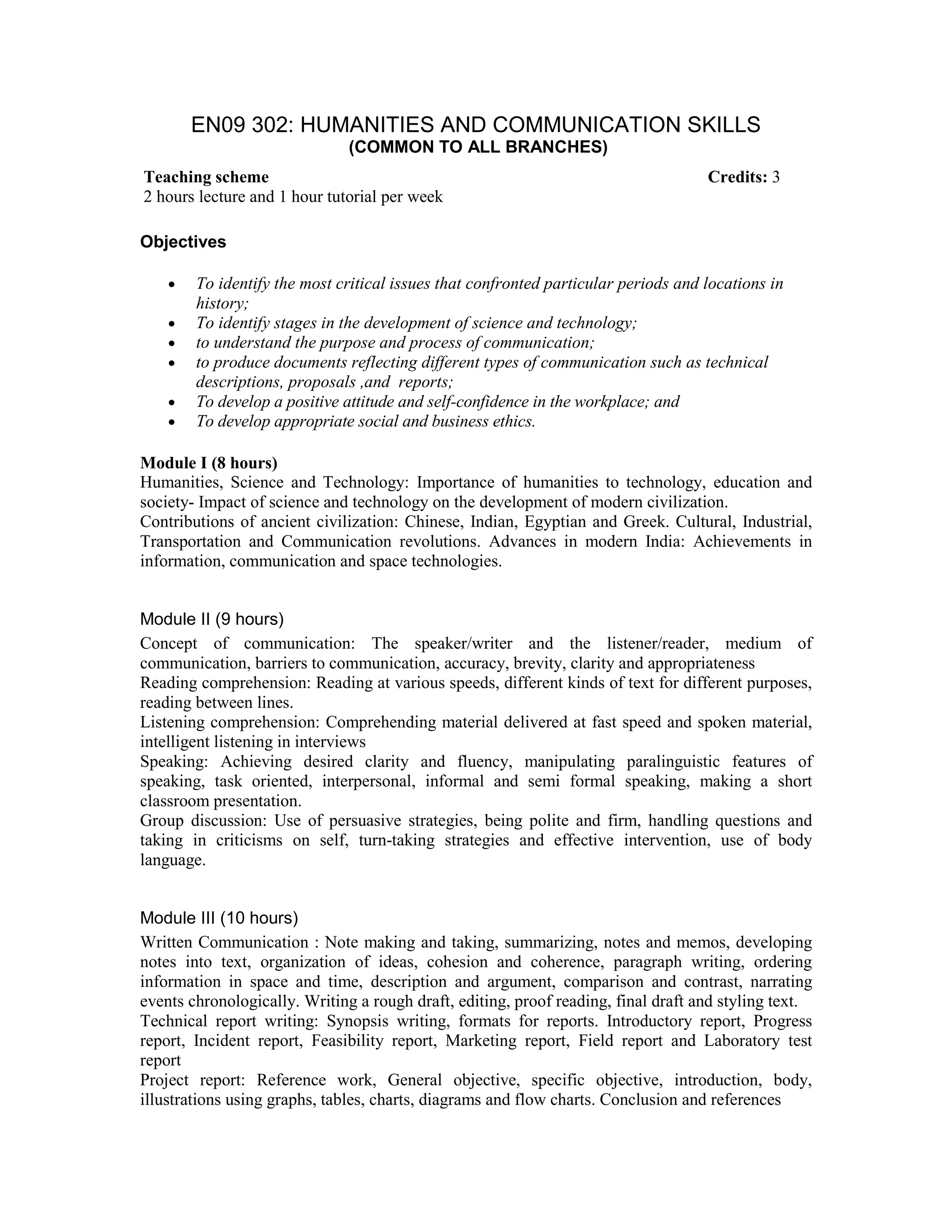 EN09 302: HUMANITIES AND COMMUNICATION SKILLS
(COMMON TO ALL BRANCHES)
Objectives
• To identify the most critical issues that confronted particular periods and locations in
history;
• To identify stages in the development of science and technology;
• to understand the purpose and process of communication;
• to produce documents reflecting different types of communication such as technical
descriptions, proposals ,and reports;
• To develop a positive attitude and self-confidence in the workplace; and
• To develop appropriate social and business ethics.
Module I (8 hours)
Humanities, Science and Technology: Importance of humanities to technology, education and
society- Impact of science and technology on the development of modern civilization.
Contributions of ancient civilization: Chinese, Indian, Egyptian and Greek. Cultural, Industrial,
Transportation and Communication revolutions. Advances in modern India: Achievements in
information, communication and space technologies.
Module II (9 hours)
Concept of communication: The speaker/writer and the listener/reader, medium of
communication, barriers to communication, accuracy, brevity, clarity and appropriateness
Reading comprehension: Reading at various speeds, different kinds of text for different purposes,
reading between lines.
Listening comprehension: Comprehending material delivered at fast speed and spoken material,
intelligent listening in interviews
Speaking: Achieving desired clarity and fluency, manipulating paralinguistic features of
speaking, task oriented, interpersonal, informal and semi formal speaking, making a short
classroom presentation.
Group discussion: Use of persuasive strategies, being polite and firm, handling questions and
taking in criticisms on self, turn-taking strategies and effective intervention, use of body
language.
Module III (10 hours)
Written Communication : Note making and taking, summarizing, notes and memos, developing
notes into text, organization of ideas, cohesion and coherence, paragraph writing, ordering
information in space and time, description and argument, comparison and contrast, narrating
events chronologically. Writing a rough draft, editing, proof reading, final draft and styling text.
Technical report writing: Synopsis writing, formats for reports. Introductory report, Progress
report, Incident report, Feasibility report, Marketing report, Field report and Laboratory test
report
Project report: Reference work, General objective, specific objective, introduction, body,
illustrations using graphs, tables, charts, diagrams and flow charts. Conclusion and references
Teaching scheme Credits: 3
2 hours lecture and 1 hour tutorial per week
 
