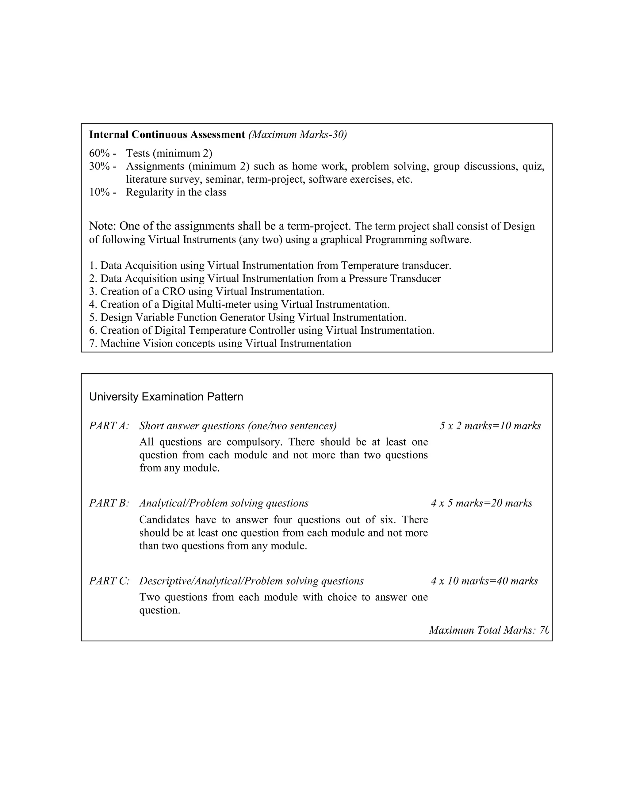 Internal Continuous Assessment (Maximum Marks-30)
60% - Tests (minimum 2)
30% - Assignments (minimum 2) such as home work, problem solving, group discussions, quiz,
literature survey, seminar, term-project, software exercises, etc.
10% - Regularity in the class
Note: One of the assignments shall be a term-project. The term project shall consist of Design
of following Virtual Instruments (any two) using a graphical Programming software.
1. Data Acquisition using Virtual Instrumentation from Temperature transducer.
2. Data Acquisition using Virtual Instrumentation from a Pressure Transducer
3. Creation of a CRO using Virtual Instrumentation.
4. Creation of a Digital Multi-meter using Virtual Instrumentation.
5. Design Variable Function Generator Using Virtual Instrumentation.
6. Creation of Digital Temperature Controller using Virtual Instrumentation.
7. Machine Vision concepts using Virtual Instrumentation
University Examination Pattern
PART A: Short answer questions (one/two sentences) 5 x 2 marks=10 marks
All questions are compulsory. There should be at least one
question from each module and not more than two questions
from any module.
PART B: Analytical/Problem solving questions 4 x 5 marks=20 marks
Candidates have to answer four questions out of six. There
should be at least one question from each module and not more
than two questions from any module.
PART C: Descriptive/Analytical/Problem solving questions 4 x 10 marks=40 marks
Two questions from each module with choice to answer one
question.
Maximum Total Marks: 70
 