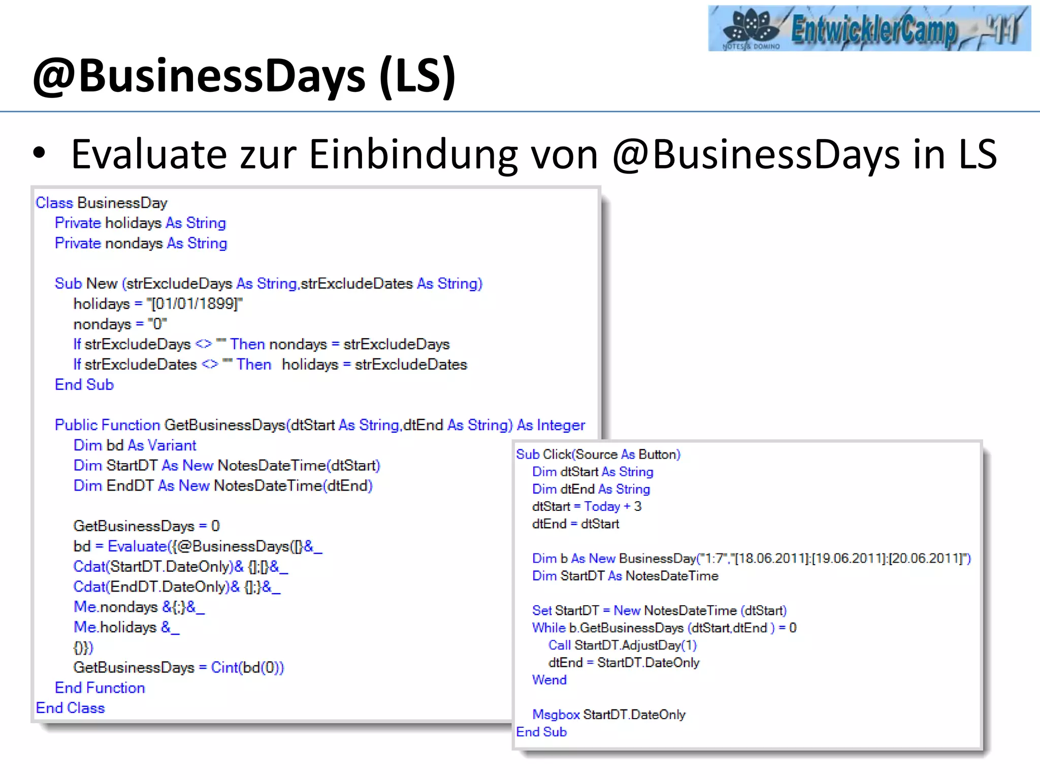 @BusinessDays (LS)Evaluate zur Einbindung von @BusinessDays in LS