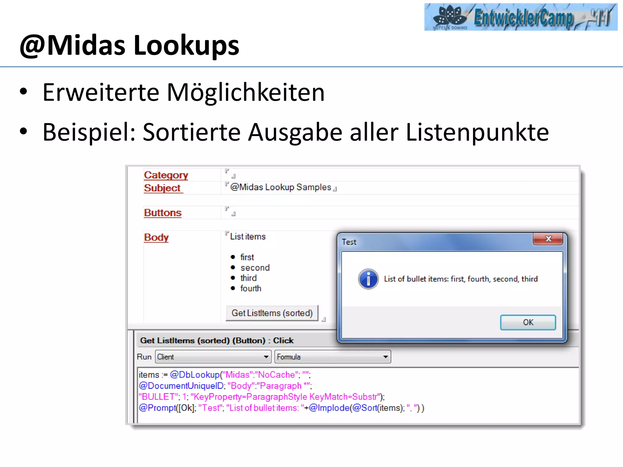 @Midas LookupsErweiterte MöglichkeitenBeispiel: Sortierte Ausgabe aller Listenpunkte 