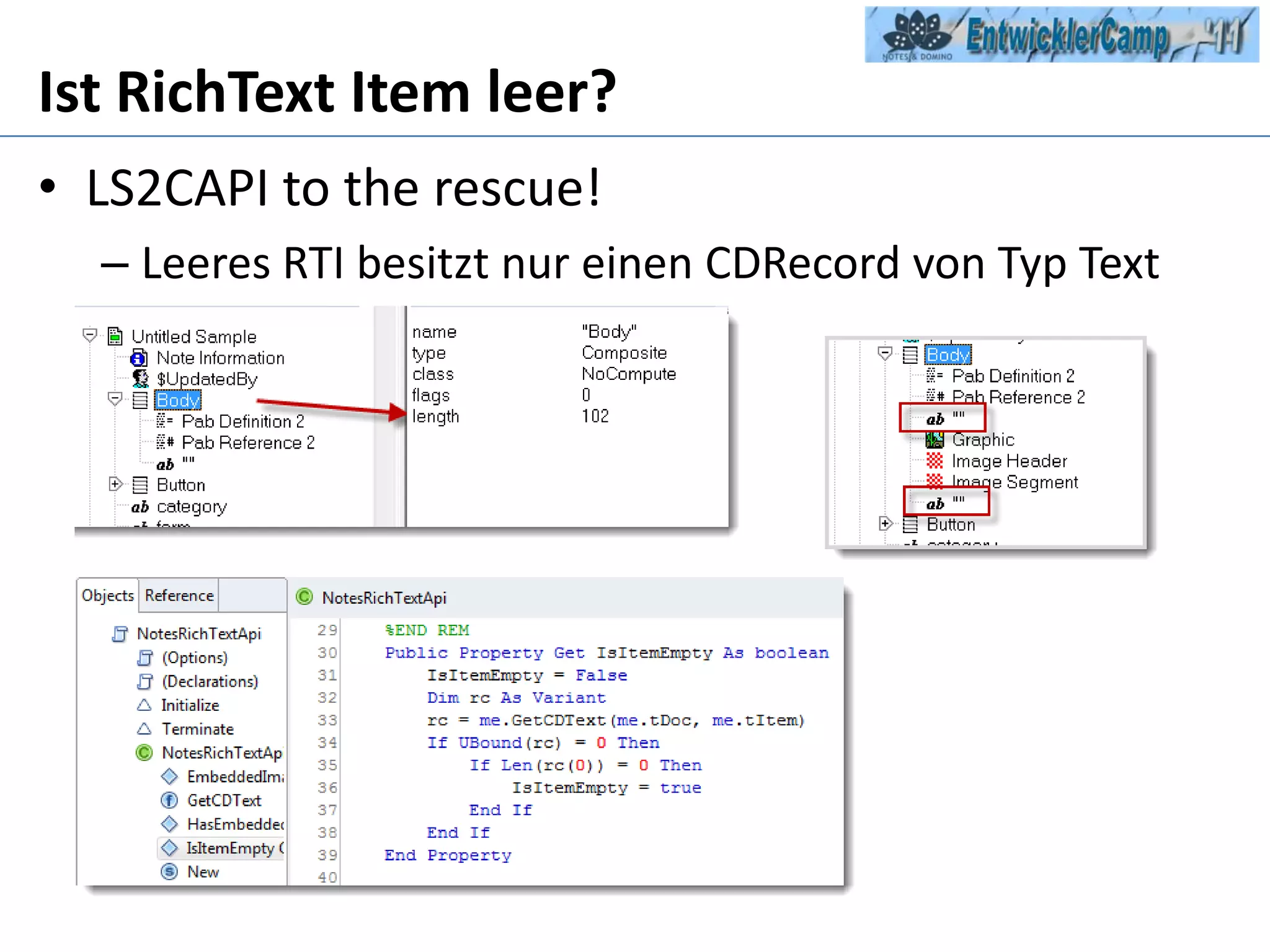 Ist RichText Item leer?LS2CAPI to the rescue!Leeres RTI besitzt nur einen CDRecord von Typ Text