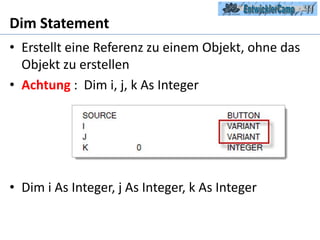 Dim StatementErstellt eine Referenz zu einem Objekt, ohne das Objekt zu erstellenAchtung:  Dim i, j, k As IntegerDim i As Integer, j As Integer, k As Integer