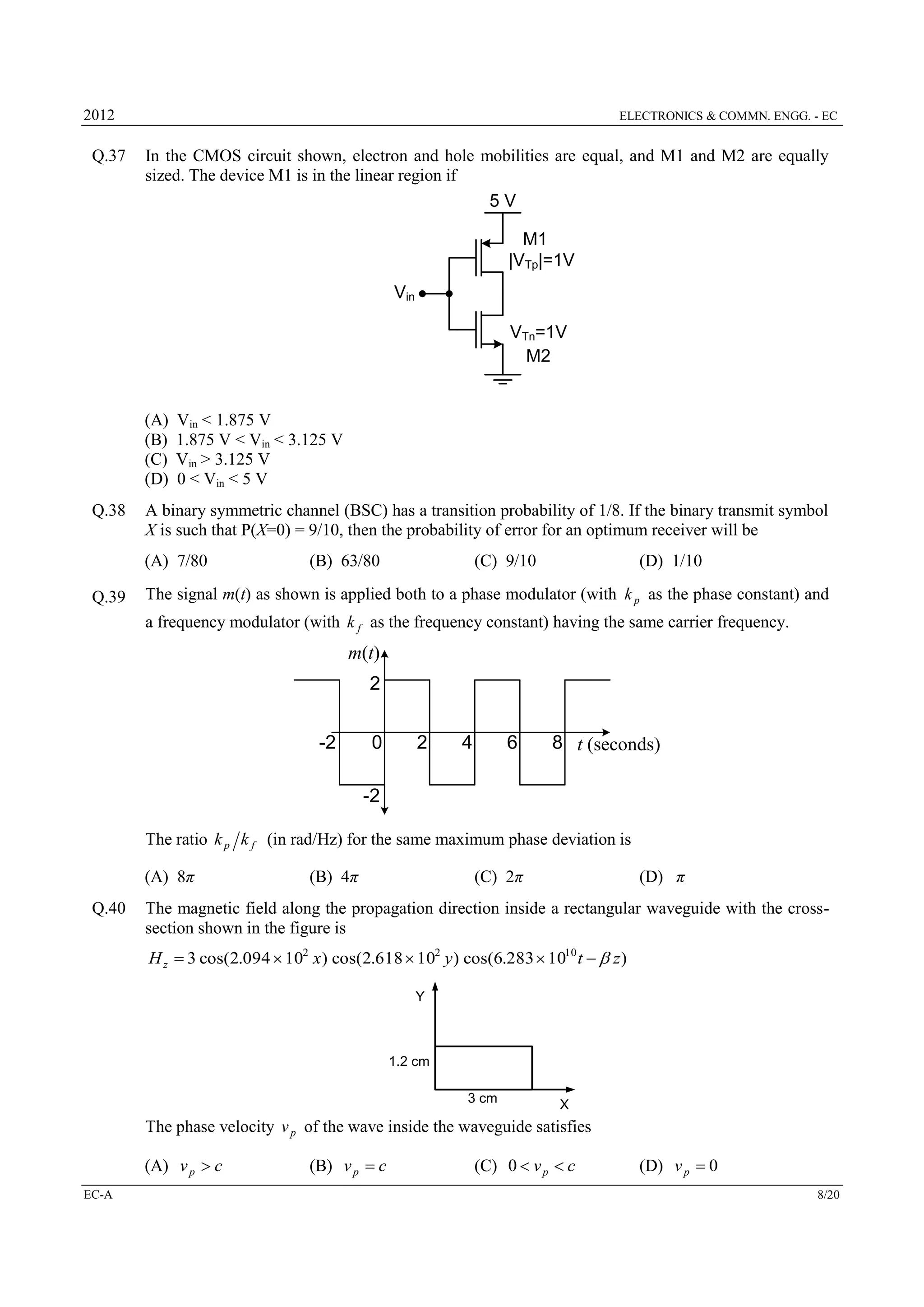 2012

Q.37

ELECTRONICS & COMMN. ENGG. - EC

In the CMOS circuit shown, electron and hole mobilities are equal, and M1 and M2 are equally
sized. The device M1 is in the linear region if

5V
M1
|VTp|=1V
Vin
VTn=1V
M2

(A)
(B)
(C)
(D)
Q.38

Vin < 1.875 V
1.875 V < Vin < 3.125 V
Vin > 3.125 V
0 < Vin < 5 V

A binary symmetric channel (BSC) has a transition probability of 1/8. If the binary transmit symbol
X is such that P(X=0) = 9/10, then the probability of error for an optimum receiver will be
(A) 7/80

Q.39

(B) 63/80

(C) 9/10

(D) 1/10

The signal m(t) as shown is applied both to a phase modulator (with k p as the phase constant) and
a frequency modulator (with k f as the frequency constant) having the same carrier frequency.

m(t)
2
-2

0

2

4

6

8 t (seconds)

-2
The ratio k p k f (in rad/Hz) for the same maximum phase deviation is
(A) 8π
Q.40

(B) 4π

(D) π

(C) 2π

The magnetic field along the propagation direction inside a rectangular waveguide with the crosssection shown in the figure is
H z  3 cos(2.094  102 x) cos(2.618  102 y ) cos(6.283  1010 t   z )
Y

1.2 cm
3 cm

X

The phase velocity v p of the wave inside the waveguide satisfies
(A) v p  c
EC-A

(B) v p  c

(C) 0  v p  c

(D) v p  0
8/20

 