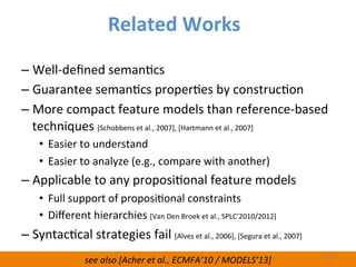 see	
  also	
  [Acher	
  et	
  al.,	
  ECMFA’10	
  /	
  MODELS’13]	
  
– Well-­‐deﬁned	
  semanWcs	
  
– Guarantee	
  semanWcs	
  properWes	
  by	
  construcWon	
  
– More	
  compact	
  feature	
  models	
  than	
  reference-­‐based	
  
techniques	
  [Schobbens	
  et	
  al.,	
  2007],	
  [Hartmann	
  et	
  al.,	
  2007]	
  
•  Easier	
  to	
  understand	
  
•  Easier	
  to	
  analyze	
  (e.g.,	
  compare	
  with	
  another)	
  
– Applicable	
  to	
  any	
  proposiWonal	
  feature	
  models	
  	
  
•  Full	
  support	
  of	
  proposiWonal	
  constraints	
  	
  
•  Diﬀerent	
  hierarchies	
  [Van	
  Den	
  Broek	
  et	
  al.,	
  SPLC’2010/2012]	
  
– SyntacWcal	
  strategies	
  fail	
  [Alves	
  et	
  al.,	
  2006],	
  [Segura	
  et	
  al.,	
  2007]	
  
123	
  
Related	
  Works	
  
 