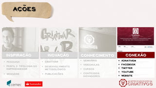 programa
conteúdo
SITE
WEBSÉRIE
LIVROS
FORMacao
~
,
CURSOS REGULARES
E-LEARNING
SEMINÁRIO
SEMINÁRIO
BATE-PAPOS
REDES SOCIAIS
Conexao
~
DESENVOLVIMENTO DE
NEGÓCIOS
CRIATIVAR
Inovacao
~
,
Pesquisa e desenvolvimento de conteúdos especializados	
  
	
  
 