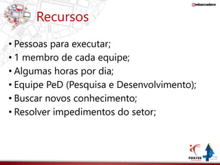 Recursos 
• Pessoas para executar; 
• 1 membro de cada equipe; 
• Algumas horas por dia; 
• Equipe PeD (Pesquisa e Desenvolvimento); 
• Buscar novos conhecimento; 
• Resolver impedimentos do setor; 
 