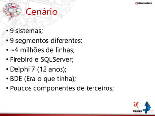 Cenário 
• 9 sistemas; 
• 9 segmentos diferentes; 
• ~4 milhões de linhas; 
• Firebird e SQLServer; 
• Delphi 7 (12 anos); 
• BDE (Era o que tinha); 
• Poucos componentes de terceiros; 
 