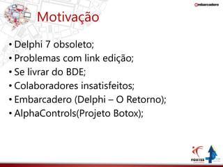 Motivação 
• Delphi 7 obsoleto; 
• Problemas com link edição; 
• Se livrar do BDE; 
• Colaboradores insatisfeitos; 
• Embarcadero (Delphi – O Retorno); 
• AlphaControls(Projeto Botox); 
 