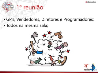 1ª reunião 
• GP’s, Vendedores, Diretores e Programadores; 
• Todos na mesma sala; 
 