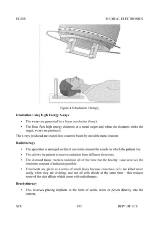 EC2021 MEDICAL ELECTRONICS
SCE 102 DEPT.OF ECE
Figure 4.6 Radiation Therapy
Irradiation Using High Energy X-rays
• The x-rays are generated by a linear accelerator (linac).
• The linac fires high energy electrons at a metal target and when the electrons strike the
target, x-rays are produced.
The x-rays produced are shaped into a narrow beam by movable metal shutters
Radiotherapy
• The apparatus is arranged so that it can rotate around the couch on which the patient lies.
• This allows the patient to receive radiation from different directions.
• The diseased tissue receives radiation all of the time but the healthy tissue receives the
minimum amount of radiation possible.
• Treatments are given as a series of small doses because cancerous cells are killed more
easily when they are dividing, and not all cells divide at the same time – this reduces
some of the side effects which come with radiotherapy.
Brachytherapy
• This involves placing implants in the form of seeds, wires or pellets directly into the
tumour.
 