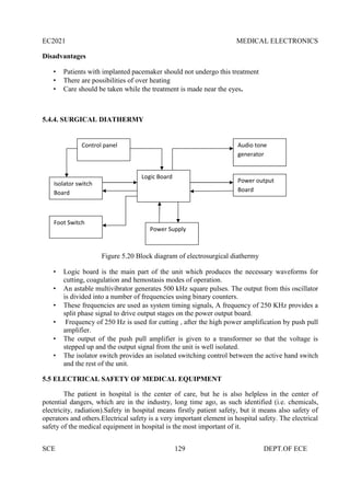 EC2021 MEDICAL ELECTRONICS
SCE 129 DEPT.OF ECE
Disadvantages
 Patients with implanted pacemaker should not undergo this treatment
 There are possibilities of over heating
 Care should be taken while the treatment is made near the eyes.
5.4.4. SURGICAL DIATHERMY
Figure 5.20 Block diagram of electrosurgical diathermy
 Logic board is the main part of the unit which produces the necessary waveforms for
cutting, coagulation and hemostasis modes of operation.
 An astable multivibrator generates 500 kHz square pulses. The output from this oscillator
is divided into a number of frequencies using binary counters.
 These frequencies are used as system timing signals, A frequency of 250 KHz provides a
split phase signal to drive output stages on the power output board.
 Frequency of 250 Hz is used for cutting , after the high power amplification by push pull
amplifier.
 The output of the push pull amplifier is given to a transformer so that the voltage is
stepped up and the output signal from the unit is well isolated.
 The isolator switch provides an isolated switching control between the active hand switch
and the rest of the unit.
5.5 ELECTRICAL SAFETY OF MEDICAL EQUIPMENT
The patient in hospital is the center of care, but he is also helpless in the center of
potential dangers, which are in the industry, long time ago, as such identified (i.e. chemicals,
electricity, radiation).Safety in hospital means firstly patient safety, but it means also safety of
operators and others.Electrical safety is a very important element in hospital safety. The electrical
safety of the medical equipment in hospital is the most important of it.
Isolator switch
Board
Foot Switch
Power Supply
Logic Board
Power output
Board
Audio tone
generator
Control panel
 