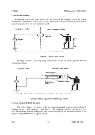 EC2021 MEDICAL ELECTRONICS
SCE 131 DEPT.OF ECE
Protective Grounding:
Connecting conducting parts, which are not intended for carrying current in normal
circumstances (enclosures; switch-, fuse-, outlet- metal boxes; etc.) via 3rd conductor (which, in
normal situations, does not carry current) to earth.
Figure5.22 Basic shock circuit
Leakage Currents: Caused by stray capacitances, which are always present between
conducting surfaces.
Figure 5.23 Stray capacitance and leakage current
Leakage Current & Fault Current
Due to the relatively low values of the stray capacitances and frequency, the resulting el.
Pathway is very high resistive , and hence, the resulting leakage currents are very
low.Distinguishing between leakage and fault current depends on the internal resistance of the
source in relation to the load in a given circuit.
 
