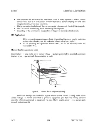 EC2021 MEDICAL ELECTRONICS
SCE 134 DEPT.OF ECE
 LIM measure this resistance.The monitored value in LIM represent a virtual current
which would flow if a short-circuit occurred between a power carrying line and earth
(prognostic value, worst case condition).
 LIM gives audio-visual alarm if the a.m. prognostic value exceeds 5 mA (USA standard).
 The 5 mA could be annoying, but it is normally not dangerous.
 Grounding of the equipment is independent of the power system (isolated or not).
IPS Applications
 IPS is a protection against macro-shock. It is not (and has never been) a protection
against micro-shock ( even if it makes the related safety level higher).
 IPS is necessary for operation theatres (OT), but is not necessary (and not
required) for ICU.
Hazard due to ungrounded lamp
(lamp failure → lamp metal cover carries voltage → patient connected to grounded equipment
touches cover → current path through patient to earth)
Figure 5.27 Hazard due to ungrounded lamp
Protection through non-conductive signal transfer (lamp failure → lamp metal cover
carries voltage → patient connected to grounded equipment (but here via battery operated
amplifier which is connected to equipment via glass fiber ) touches cover → no current path
through patient to earth).
 