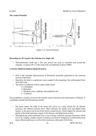 EC2021 MEDICAL ELECTRONICS
SCE 18 DEPT.OF ECE
The Action Potential
Figure 1.21 Action Potential
Recording an AP requires the isolation of a single cell.
 Microelectrodes (with tips a few μm across) are used to stimulate and record the
response. A typical AP is 2-4ms long with an amplitude of about 100Mv
1.5 ELECTROENCEPHALOGRAM (EEG)
 EEG is the recorded representation of bioelectric potentials generated by the neuronal
activity of the brain.
 Basically, the brain is a gelatinous mass suspend in the meanings, the cerebrospinal fluid,
skull and scalp.
 The brain is composed of three major subdivisions:
1. Cerebellum,
2. Brainstem
3. (Medulla, pons, midbrain, diencephalon) and
4. Cerebrum
The cerebellum is mainly involved with skeletal muscle functions and maintenance of balance. It
coordinates smooth and directed movements.
 The brain stemis the stalk of the brain and serves as a relay station for all afferent
(sensory) and efferent (motor) nerve fibers between the spinal cord and higher brain
canters. It also gives rise to ten of the twelve cranial nerves, which supply the muscles and
glands of the head and major organs in the thoracic and abdominal cavities
 Throughout the entire brainstem runs a core of tissue called the reticular formation, which
serves as a highly complex cluster of neurons involved in integration of information from
many afferent pathways as well as from numerous other parts of the brain.
EC2021 MEDICAL ELECTRONICS
SCE 18 DEPT.OF ECE
The Action Potential
Figure 1.21 Action Potential
Recording an AP requires the isolation of a single cell.
 Microelectrodes (with tips a few μm across) are used to stimulate and record the
response. A typical AP is 2-4ms long with an amplitude of about 100Mv
1.5 ELECTROENCEPHALOGRAM (EEG)
 EEG is the recorded representation of bioelectric potentials generated by the neuronal
activity of the brain.
 Basically, the brain is a gelatinous mass suspend in the meanings, the cerebrospinal fluid,
skull and scalp.
 The brain is composed of three major subdivisions:
1. Cerebellum,
2. Brainstem
3. (Medulla, pons, midbrain, diencephalon) and
4. Cerebrum
The cerebellum is mainly involved with skeletal muscle functions and maintenance of balance. It
coordinates smooth and directed movements.
 The brain stemis the stalk of the brain and serves as a relay station for all afferent
(sensory) and efferent (motor) nerve fibers between the spinal cord and higher brain
canters. It also gives rise to ten of the twelve cranial nerves, which supply the muscles and
glands of the head and major organs in the thoracic and abdominal cavities
 Throughout the entire brainstem runs a core of tissue called the reticular formation, which
serves as a highly complex cluster of neurons involved in integration of information from
many afferent pathways as well as from numerous other parts of the brain.
EC2021 MEDICAL ELECTRONICS
SCE 18 DEPT.OF ECE
The Action Potential
Figure 1.21 Action Potential
Recording an AP requires the isolation of a single cell.
 Microelectrodes (with tips a few μm across) are used to stimulate and record the
response. A typical AP is 2-4ms long with an amplitude of about 100Mv
1.5 ELECTROENCEPHALOGRAM (EEG)
 EEG is the recorded representation of bioelectric potentials generated by the neuronal
activity of the brain.
 Basically, the brain is a gelatinous mass suspend in the meanings, the cerebrospinal fluid,
skull and scalp.
 The brain is composed of three major subdivisions:
1. Cerebellum,
2. Brainstem
3. (Medulla, pons, midbrain, diencephalon) and
4. Cerebrum
The cerebellum is mainly involved with skeletal muscle functions and maintenance of balance. It
coordinates smooth and directed movements.
 The brain stemis the stalk of the brain and serves as a relay station for all afferent
(sensory) and efferent (motor) nerve fibers between the spinal cord and higher brain
canters. It also gives rise to ten of the twelve cranial nerves, which supply the muscles and
glands of the head and major organs in the thoracic and abdominal cavities
 Throughout the entire brainstem runs a core of tissue called the reticular formation, which
serves as a highly complex cluster of neurons involved in integration of information from
many afferent pathways as well as from numerous other parts of the brain.
 