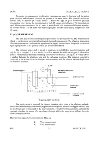EC2021 MEDICAL ELECTRONICS
SCE 35 DEPT.OF ECE
For easier ph measurement combination electrodes are used. In this type both the active
glass electrode and reference electrode are present in the same meter. The glass electrodes are
suitable only to measure ph values around 7. Since this type of glass electrodes produce
considerable errors during the measurement of high Ph values, special type of Ph electrodes are
used. After every measurement the pH meter is washed with 20% ammonium biflouride solution,
for accurate results. The Ph meter with hydroscopic glass absorbs water readily and provides best
pH value.
2.2 pO2 MEASUREMENT
The term po2 is defined as the partial pressure of oxygen respectively. The determination
of po2 is one the most important physiological chemical measurement. The effective functioning
of both respiratory and cardiovascular system can be by po2 measurement. The partial pressure of
a gas is proportional to the quantity of that gas present in the blood.
The platinum wire, which is an active electrode, is embedded in glass for insulation and
only its tip is exposed. It is kept in the electrolyte solution in which the oxygen is allowed to
diffuse. The reference electrode is made up of silver-silver chloride (Ab/AgCl). A voltage of 0.7
is applied between the platinum wire and the reference electrode. The negative terminal is
connected to the active electrode through a micro ammeter and the positive terminal is given to
the reference electrode.
Figure 2.2 pO2 Electrode
Due to the negative terminal, the oxygen reduction takes place at the platinum cathode.
Finally the oxidation reduction current proportional to the partial pressure of oxygen diffused into
the electrolyte can be measured in the micro ammeter. The electrolyte is generally scaled in the
electrode chamber by means of a membrane through which the oxygen can diffuse from the
blood or sample solution.
There are two types of pO2 measurement. They are
I) Vitro measurement
II) Vivo measurement
 