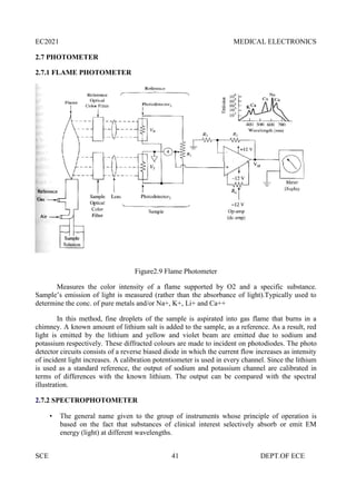 EC2021 MEDICAL ELECTRONICS
SCE 41 DEPT.OF ECE
2.7 PHOTOMETER
2.7.1 FLAME PHOTOMETER
Figure2.9 Flame Photometer
Measures the color intensity of a flame supported by O2 and a specific substance.
Sample’s emission of light is measured (rather than the absorbance of light).Typically used to
determine the conc. of pure metals and/or Na+, K+, Li+ and Ca++
In this method, fine droplets of the sample is aspirated into gas flame that burns in a
chimney. A known amount of lithium salt is added to the sample, as a reference. As a result, red
light is emitted by the lithium and yellow and violet beam are emitted due to sodium and
potassium respectively. These diffracted colours are made to incident on photodiodes. The photo
detector circuits consists of a reverse biased diode in which the current flow increases as intensity
of incident light increases. A calibration potentiometer is used in every channel. Since the lithium
is used as a standard reference, the output of sodium and potassium channel are calibrated in
terms of differences with the known lithium. The output can be compared with the spectral
illustration.
2.7.2 SPECTROPHOTOMETER
 The general name given to the group of instruments whose principle of operation is
based on the fact that substances of clinical interest selectively absorb or emit EM
energy (light) at different wavelengths.
 