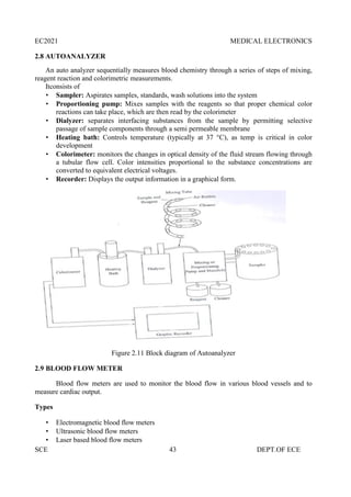 EC2021 MEDICAL ELECTRONICS
SCE 43 DEPT.OF ECE
2.8 AUTOANALYZER
An auto analyzer sequentially measures blood chemistry through a series of steps of mixing,
reagent reaction and colorimetric measurements.
Itconsists of
 Sampler: Aspirates samples, standards, wash solutions into the system
 Proportioning pump: Mixes samples with the reagents so that proper chemical color
reactions can take place, which are then read by the colorimeter
 Dialyzer: separates interfacing substances from the sample by permitting selective
passage of sample components through a semi permeable membrane
 Heating bath: Controls temperature (typically at 37 °C), as temp is critical in color
development
 Colorimeter: monitors the changes in optical density of the fluid stream flowing through
a tubular flow cell. Color intensities proportional to the substance concentrations are
converted to equivalent electrical voltages.
 Recorder: Displays the output information in a graphical form.
Figure 2.11 Block diagram of Autoanalyzer
2.9 BLOOD FLOW METER
Blood flow meters are used to monitor the blood flow in various blood vessels and to
measure cardiac output.
Types
 Electromagnetic blood flow meters
 Ultrasonic blood flow meters
 Laser based blood flow meters
 
