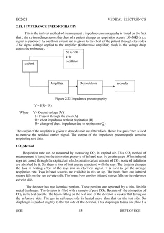 EC2021 MEDICAL ELECTRONICS
SCE 55 DEPT.OF ECE
2.11. 1 IMPEDANCE PNEUMOGRAPHY
This is the indirect method of measurement . impedance pneumography is based on the fact
that , the a.c impedance across the chest of a patient changes as respiration occurs . 50-50KHz a.c
signal is produced by oscillator circuit and is given to the chest of the patient through electrodes
.The signal voltage applied to the amplifier (Differential amplifier) block is the voltage drop
across the resistance .
Figure 2.23 Impedance pneumography
V = I(R+ R)
Where V= Output voltage (V)
I= Current through the chest (A)
R= chest impedance without respiration (R)
R= change of chest impedance due to respiration (Q)
The output of the amplifier is given to demodulator and filter block. Hence low pass filter is used
to remove the residual carrier signal. The output of the impedance pneumograph contains
respirating rate data.
CO2 Method
Respiration rate can be measured by measuring CO2 in expired air. This CO2 method of
measurement is based on the absorption property of infrared rays by certain gases .When infrared
rays are passed through the expired air which contains certain amount of CO2, some of radiations
are absorbed by it. So, there is loss of heat energy associated with the rays .The detector changes
the loss in heating effect of the rays into an electrical signal. It is used to get the average
respiration rate. Two infrared sources are available in this set up. The beam from one infrared
source falls on the test cuvette side. The beam from another infrared source falls on the reference
cuvette side.
The detector has two identical portions. These portions are separated by a thin, flexible
metal diaphragm. The detector is filled with a sample of pure CO2. Because of the absorption of
CO2 in the test cuvette. The beam falling on the test side of the detector is weaker that falling on
the reference side. The gas in reference side is heated more than that on the test side. So
diaphragm is pushed slightly to the test side of the detector. This diaphragm forms one plate f a
patient
50 to 500
kHz
oscillator
Demodulator recorder
Amplifier
 