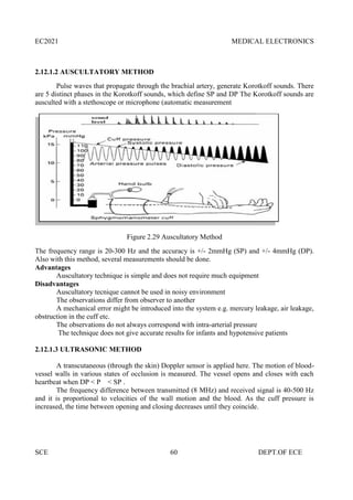 EC2021 MEDICAL ELECTRONICS
SCE 60 DEPT.OF ECE
2.12.1.2 AUSCULTATORY METHOD
Pulse waves that propagate through the brachial artery, generate Korotkoff sounds. There
are 5 distinct phases in the Korotkoff sounds, which define SP and DP The Korotkoff sounds are
ausculted with a stethoscope or microphone (automatic measurement
Figure 2.29 Auscultatory Method
The frequency range is 20-300 Hz and the accuracy is +/- 2mmHg (SP) and +/- 4mmHg (DP).
Also with this method, several measurements should be done.
Advantages
Auscultatory technique is simple and does not require much equipment
Disadvantages
Auscultatory tecnique cannot be used in noisy environment
The observations differ from observer to another
A mechanical error might be introduced into the system e.g. mercury leakage, air leakage,
obstruction in the cuff etc.
The observations do not always correspond with intra-arterial pressure
The technique does not give accurate results for infants and hypotensive patients
2.12.1.3 ULTRASONIC METHOD
A transcutaneous (through the skin) Doppler sensor is applied here. The motion of blood-
vessel walls in various states of occlusion is measured. The vessel opens and closes with each
heartbeat when DP < P < SP .
The frequency difference between transmitted (8 MHz) and received signal is 40-500 Hz
and it is proportional to velocities of the wall motion and the blood. As the cuff pressure is
increased, the time between opening and closing decreases until they coincide.
EC2021 MEDICAL ELECTRONICS
SCE 60 DEPT.OF ECE
2.12.1.2 AUSCULTATORY METHOD
Pulse waves that propagate through the brachial artery, generate Korotkoff sounds. There
are 5 distinct phases in the Korotkoff sounds, which define SP and DP The Korotkoff sounds are
ausculted with a stethoscope or microphone (automatic measurement
Figure 2.29 Auscultatory Method
The frequency range is 20-300 Hz and the accuracy is +/- 2mmHg (SP) and +/- 4mmHg (DP).
Also with this method, several measurements should be done.
Advantages
Auscultatory technique is simple and does not require much equipment
Disadvantages
Auscultatory tecnique cannot be used in noisy environment
The observations differ from observer to another
A mechanical error might be introduced into the system e.g. mercury leakage, air leakage,
obstruction in the cuff etc.
The observations do not always correspond with intra-arterial pressure
The technique does not give accurate results for infants and hypotensive patients
2.12.1.3 ULTRASONIC METHOD
A transcutaneous (through the skin) Doppler sensor is applied here. The motion of blood-
vessel walls in various states of occlusion is measured. The vessel opens and closes with each
heartbeat when DP < P < SP .
The frequency difference between transmitted (8 MHz) and received signal is 40-500 Hz
and it is proportional to velocities of the wall motion and the blood. As the cuff pressure is
increased, the time between opening and closing decreases until they coincide.
EC2021 MEDICAL ELECTRONICS
SCE 60 DEPT.OF ECE
2.12.1.2 AUSCULTATORY METHOD
Pulse waves that propagate through the brachial artery, generate Korotkoff sounds. There
are 5 distinct phases in the Korotkoff sounds, which define SP and DP The Korotkoff sounds are
ausculted with a stethoscope or microphone (automatic measurement
Figure 2.29 Auscultatory Method
The frequency range is 20-300 Hz and the accuracy is +/- 2mmHg (SP) and +/- 4mmHg (DP).
Also with this method, several measurements should be done.
Advantages
Auscultatory technique is simple and does not require much equipment
Disadvantages
Auscultatory tecnique cannot be used in noisy environment
The observations differ from observer to another
A mechanical error might be introduced into the system e.g. mercury leakage, air leakage,
obstruction in the cuff etc.
The observations do not always correspond with intra-arterial pressure
The technique does not give accurate results for infants and hypotensive patients
2.12.1.3 ULTRASONIC METHOD
A transcutaneous (through the skin) Doppler sensor is applied here. The motion of blood-
vessel walls in various states of occlusion is measured. The vessel opens and closes with each
heartbeat when DP < P < SP .
The frequency difference between transmitted (8 MHz) and received signal is 40-500 Hz
and it is proportional to velocities of the wall motion and the blood. As the cuff pressure is
increased, the time between opening and closing decreases until they coincide.
 