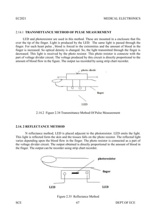 EC2021 MEDICAL ELECTRONICS
SCE 67 DEPT.OF ECE
2.14.1 TRANSMITTANCE METHOD OF PULSE MEASUREMENT
LED and photoresistor are used in this method. These are mounted in a enclosure that fits
over the tip of the finger. Light is produced by the LED. The same light is passed through the
finger. For each heart pulse , blood is forced to the extremities and the amount of blood in the
finger is increased. So optical density is changed. So, the light transmitted through the finger is
decreased. This light is received by the photo resistor. This photo resistor is connecte with the
part of voltage divider circuit. The voltage produced by this circuit is directly proportional to the
amount of blood flow in the figure. The output ius recorded by using strip chart recorder.
2.14.2 Figuer 2.34 Transmittance Method Of Pulse Measurement
2.14. 2 REFLECTANCE METHOD
N reflectance method, LED is placed adjacent to the photoresistor. LED emits the light.
This light is reflected form the skin and the tissues falls on the photo resistor. The reflected light
varies depending upon the blood flow in the finger. The photo resistor is connected as a part of
the voltage divider circuit. The output obtained is directly proportional to the amount of blood in
the finger. The output can be recorder using strip chart recorder.
Figure 2.35 Reflectance Method
 