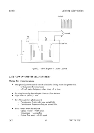 EC2021 MEDICAL ELECTRONICS
SCE 69 DEPT.OF ECE
Figure 2.37 Block diagram of Coulter Counter
2.15.2 FLOW CYTOMETRY CELL COUNTERS
Optical flow cytometry sensing
• The optical cytometry sensor consists of a quartz sensing sheath designed with a
– hydrodynamic focusing region
– cell path region that passes only a single cell at time.
• Focusing is done by decreasing the diameter of the aperture.
• Light source is (He-Ne) Laser
• Two Photodetectors (photosensors)
– Photodetector A detects forward scatted light
– Photodetector B detects orthogonal scatted light
• blood sample enters the analyzer
– Optical counter → WBC count
– Colorimeter → hemoglobin
– Optical flow sensor → RBC count
 